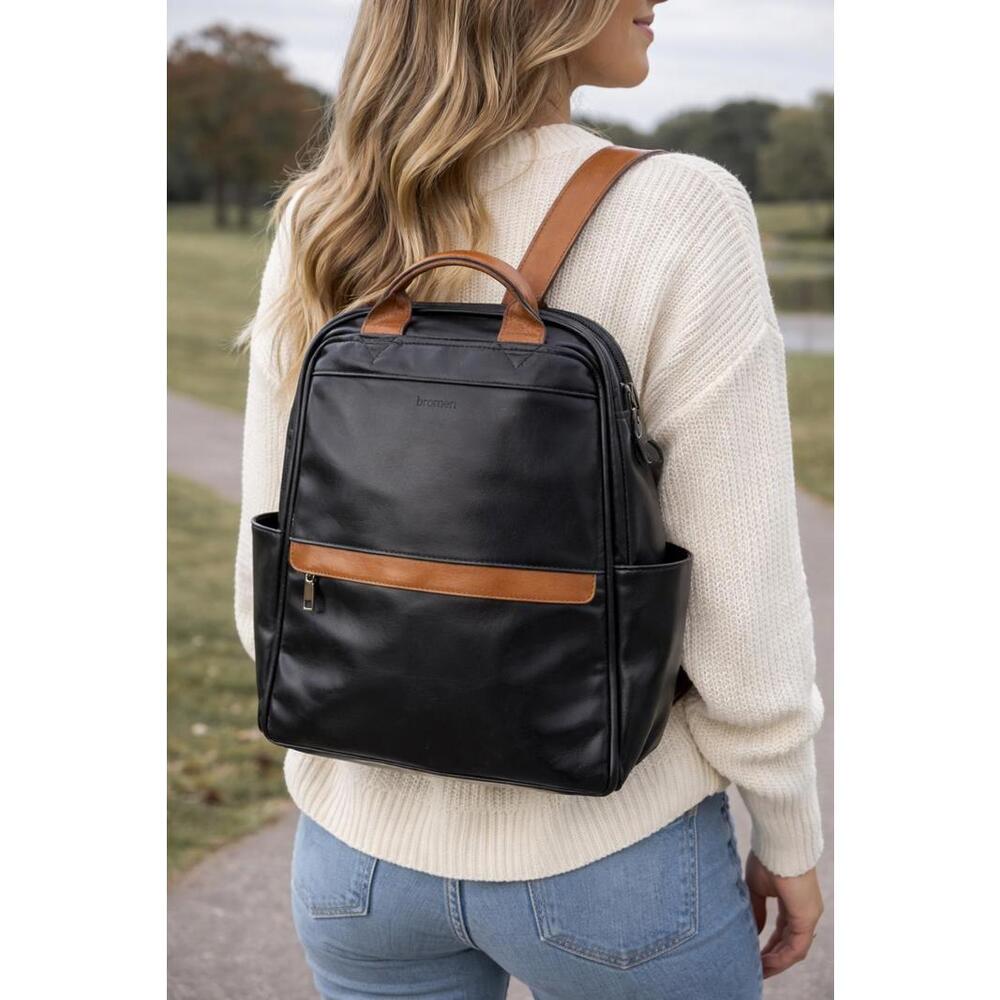 BROMEN Faux Leather Backpack Black Brown Laptop Travel Bag Convertible